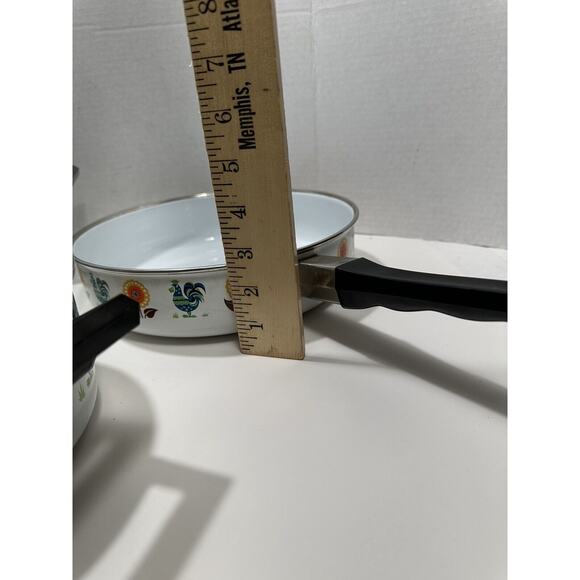 Vtg Lot 3 Enamel Stock Pots Rooster & Poppy Flower 60s‎ 70s Saucer Fry MCM RARE - Picture 13 of 15